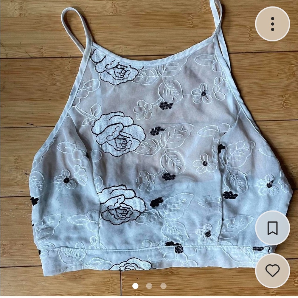 One Way white backless crop top with black and white floral embroidery
